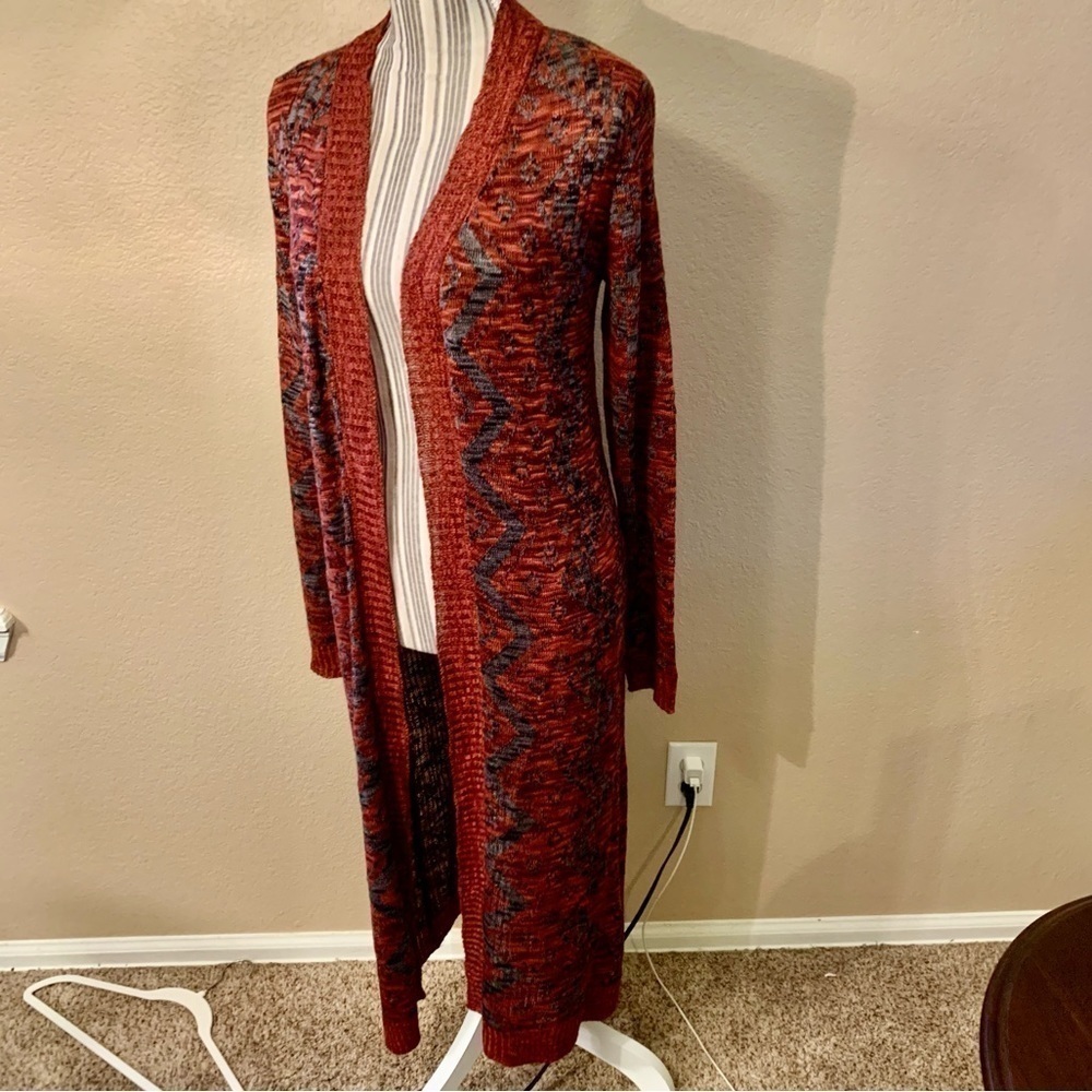 Cato Cardigan Small Open Duster Burgundy Grey Geometric Pattern Ribbed Trim - Picture 7 of 15